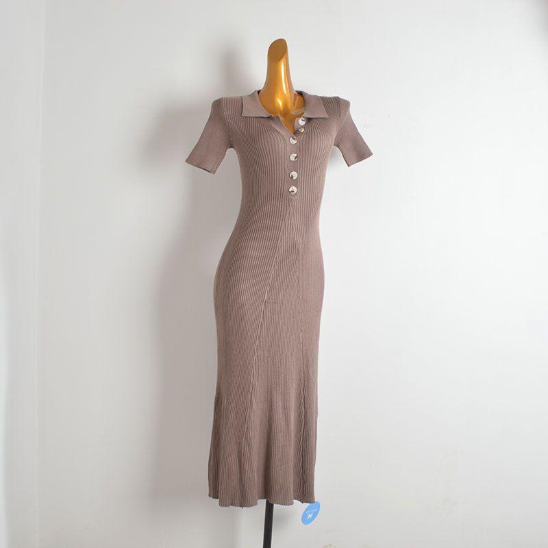 Solid Polo Lapel Short Sleeve Knitted Dress Women Clothes Royal Sister Style Summer Waist Hugging Slimming Sheath One-Step Skirt