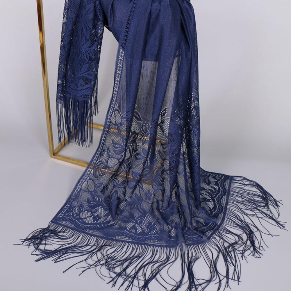 Women Fashion Elegant Solid Color Lace Hollow Tassel Muslim Scarf Headscarf
