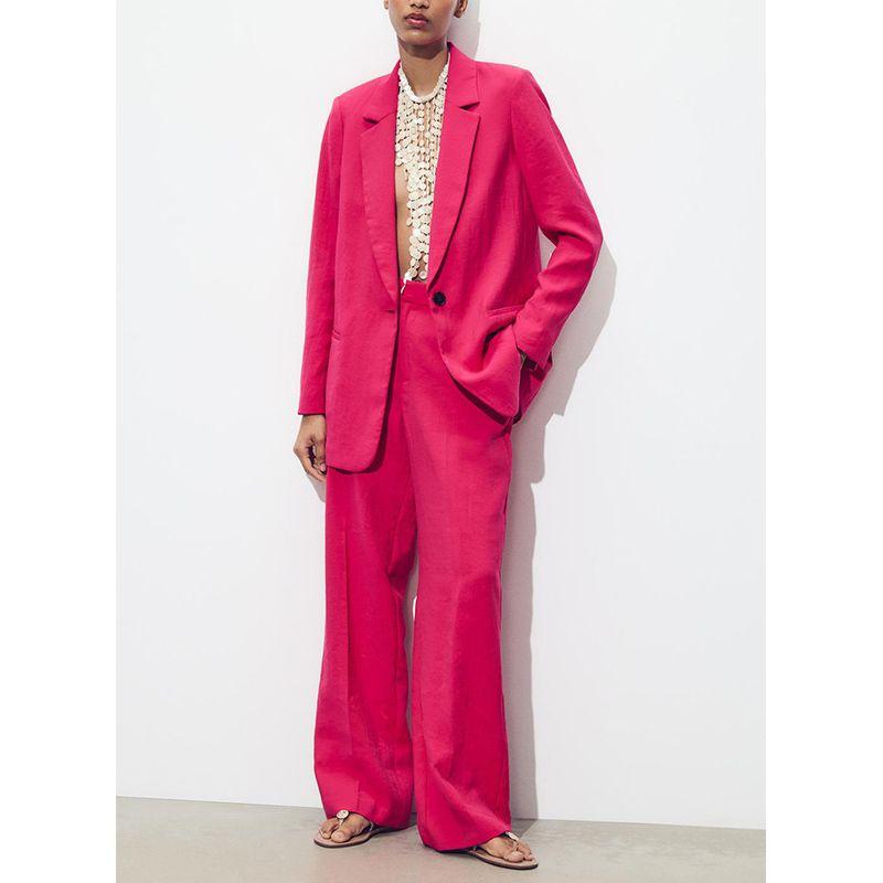 Wrinkle Effect Lapel Long Sleeve Blazers 8372468 Straight High Waist Casual Trousers 8372568