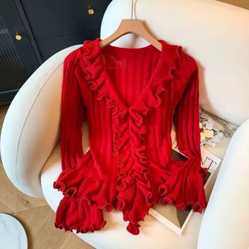 

Autumn Winter New Flared Sleeves V-neck Temperament Sweater Top French Ruffle Knitted for Women S красный