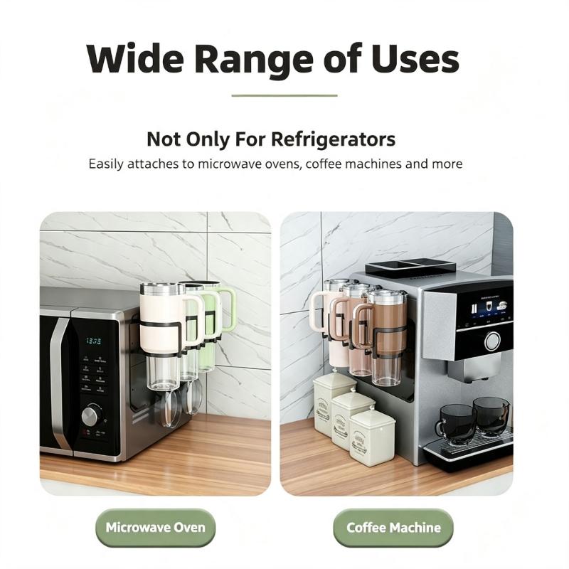 Cup Rack for Refrigerator Side Use, Magnetic Carbon Steel Holder with Open Front Access for Large Drink Cups and Clean Kitchen Drinkware Storage