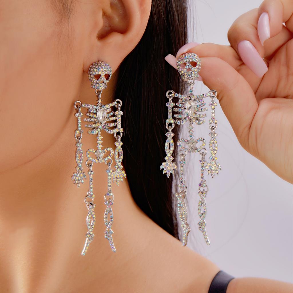 Sparkling Full Rhinestone Halloween Skull Earrings For Women Men Gothic Party Drop Dangle Earrings Punk Rock Statement Jewelry