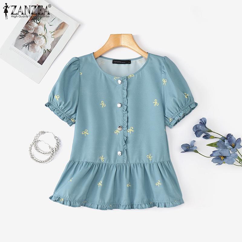 ZANZEA Blusa informal de verano con cuello redondo y manga corta estampada para mujer