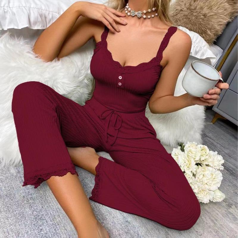 Summer Autumn Sexy Lace Patchwork Spaghetti Strap Top Elastic Waist Pants Set Women Casual Homewear Suit