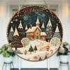Winter Snowy Village Forest Landscape Round Wooden Hanging Plaque Home Wall Decor Vintage Festive Artwork Indoor Outdoor Porch Holiday Ornament