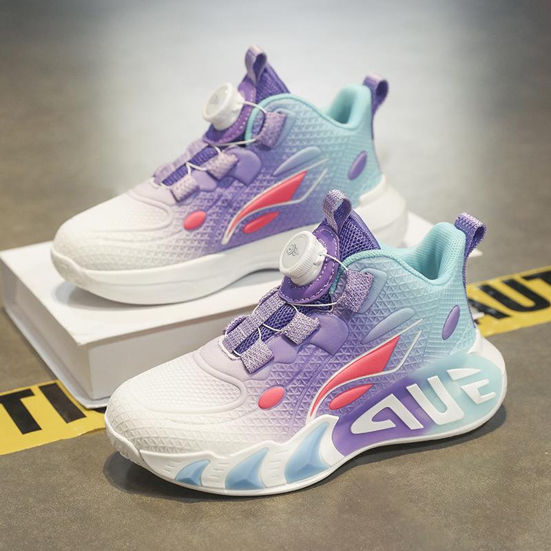 Children's Basketball Shoes Medium and Older Children's Boys Button Running Shoes Spring and Autumn Mesh Breathable Soft Sole Non-slip Sports Shoes