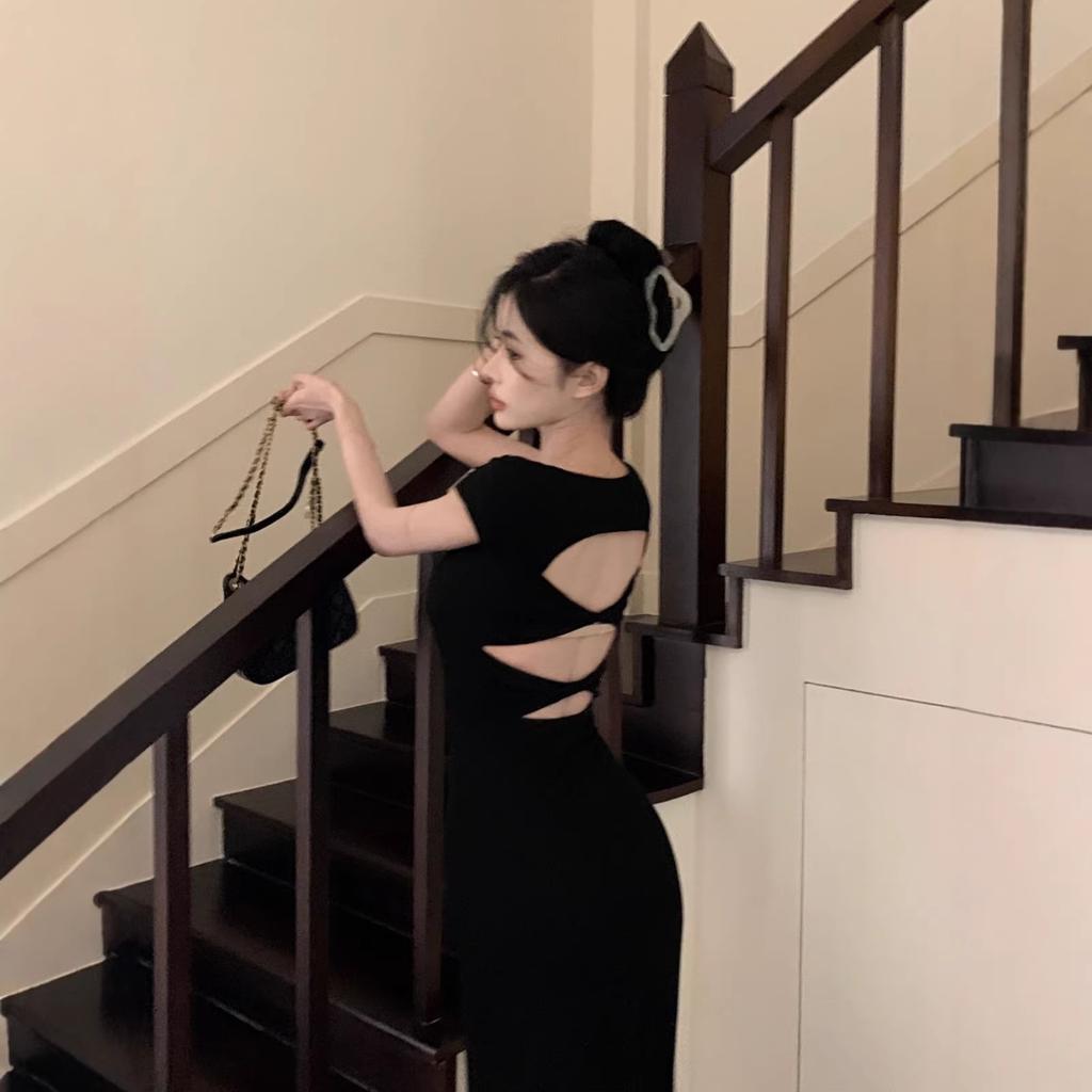 New Temperament Slim Fit and Thin Black Short-sleeved Split Backless Dress Children's Summer Long Dress Women's Clothing