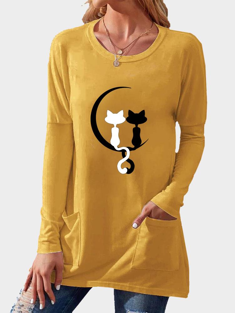 

Женская повседневная рубашка с длинным рукавом и принтом, топы с круглым вырезом и карманом, весенне-осенний женский модный свободный топ