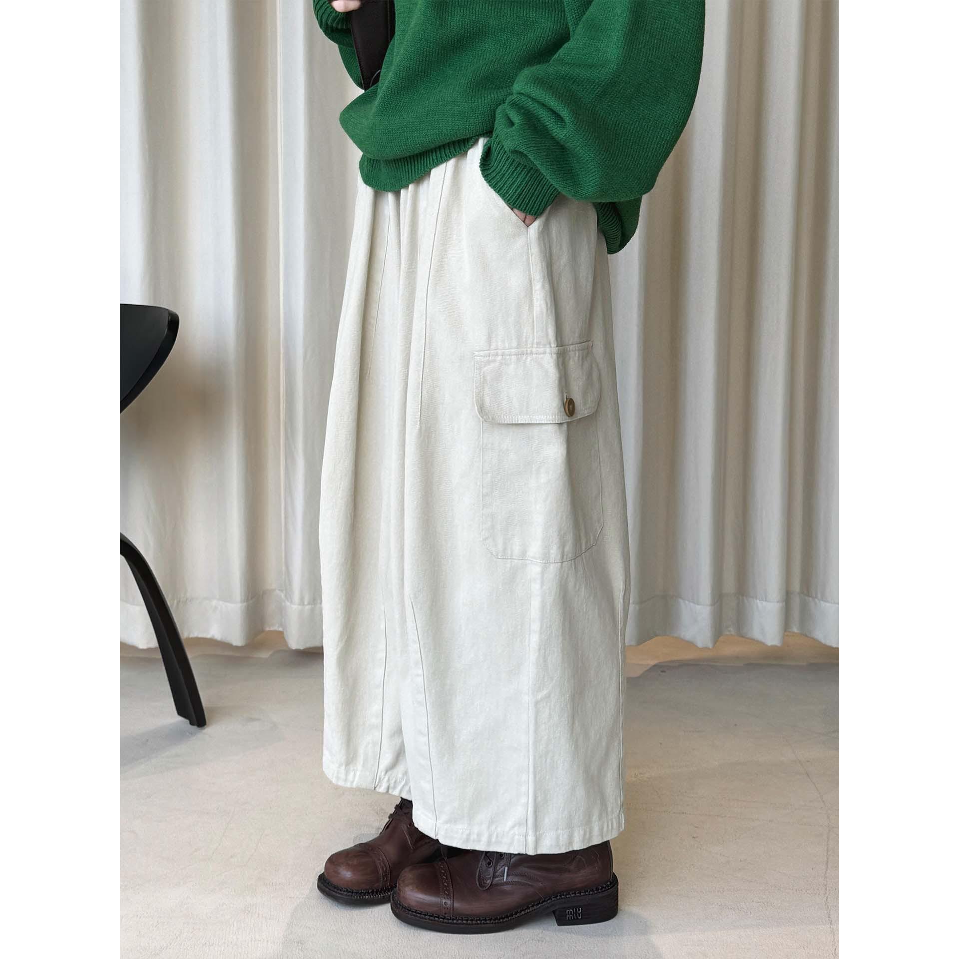 Louvre Women s Spring Korean Style Wide Leg Cropped Pants with Elastic Waist and Pleated Pockets S