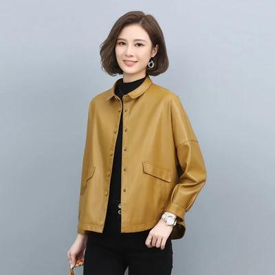 Damen Lederjacke Einfarbig Kurz Frühling und Herbst Lässig Locker Universelles Oberteil