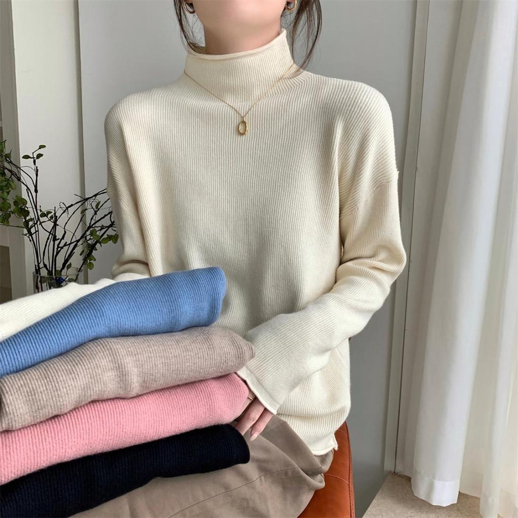 Solid-color Sweater Women's Fashion Korean-style Half Turtleneck Pullover Casual Loose Long-sleeved Knitted Sweater for Spring and Autumn