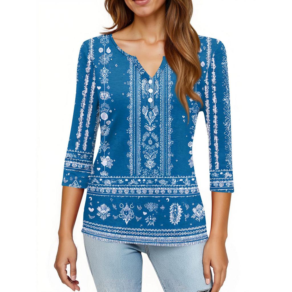 Damen T-Shirt mit Aufdruck, Knopfleiste, 3/4-Ärmel, für den Alltag, Wochenendmode, Basic, V-Ausschnitt, normales Oberteil