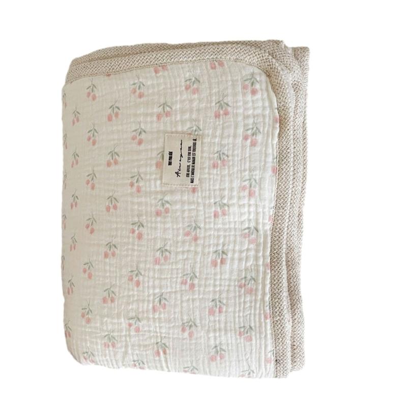 Couverture en Coton Imprimé Réversible Bord Crochet Fleur Couverture Polyvalente Double Épaisseur Chaude pour Bébés & Adultes