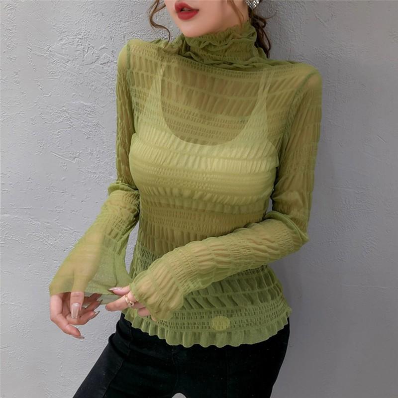 Mesh Top Slim Perspective Long Sleeve Turtleneck Shirt