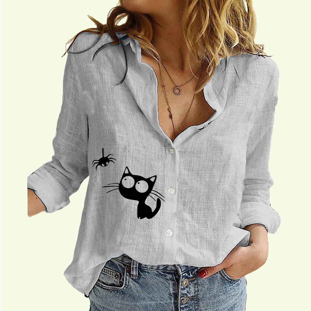 Women Lapel Neck Fashion Shirt Spring&Autumn Cotton Linen Top Ladies Casual Summer Print Blouse