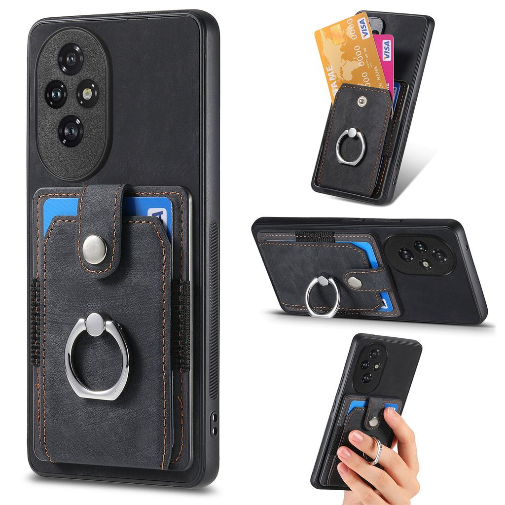 D2 for Honor 200 5G Case Elastic Card Holder Ring Kickstand Leather+TPU Phone Cover