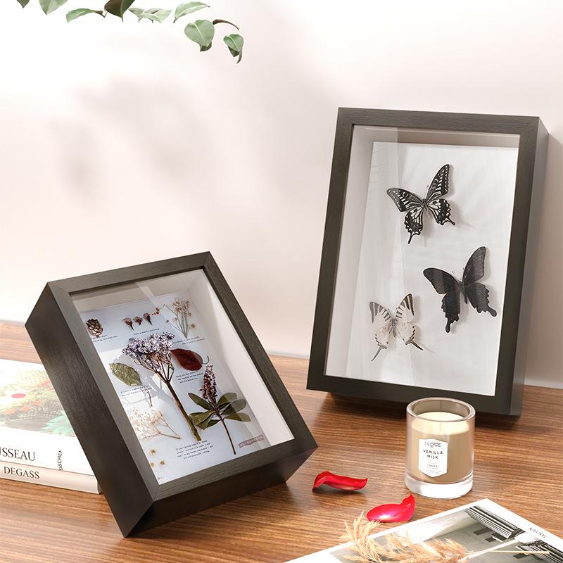 Wooden 3D Wall and Tabletop Photo Frame with Hollow Design, Dried Flower, and Butterfly Specimen.