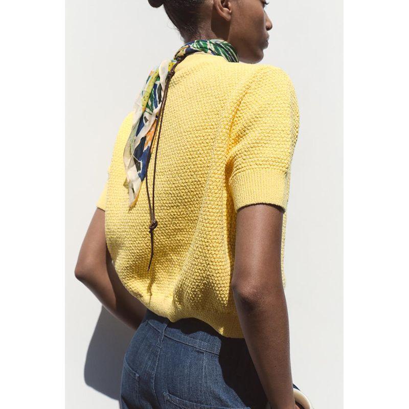 Summer New Product Women's Clothes French Style Design Short Sleeve V Neck XINGX-Shaped Button Decoration Knitting Outwear 6771066