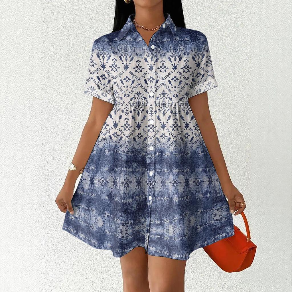 Women’s Casual Loose Fit Shirt Dress Button Front Stand Collar Short Sleeve Relaxed Tunic Dress with Geometric Print