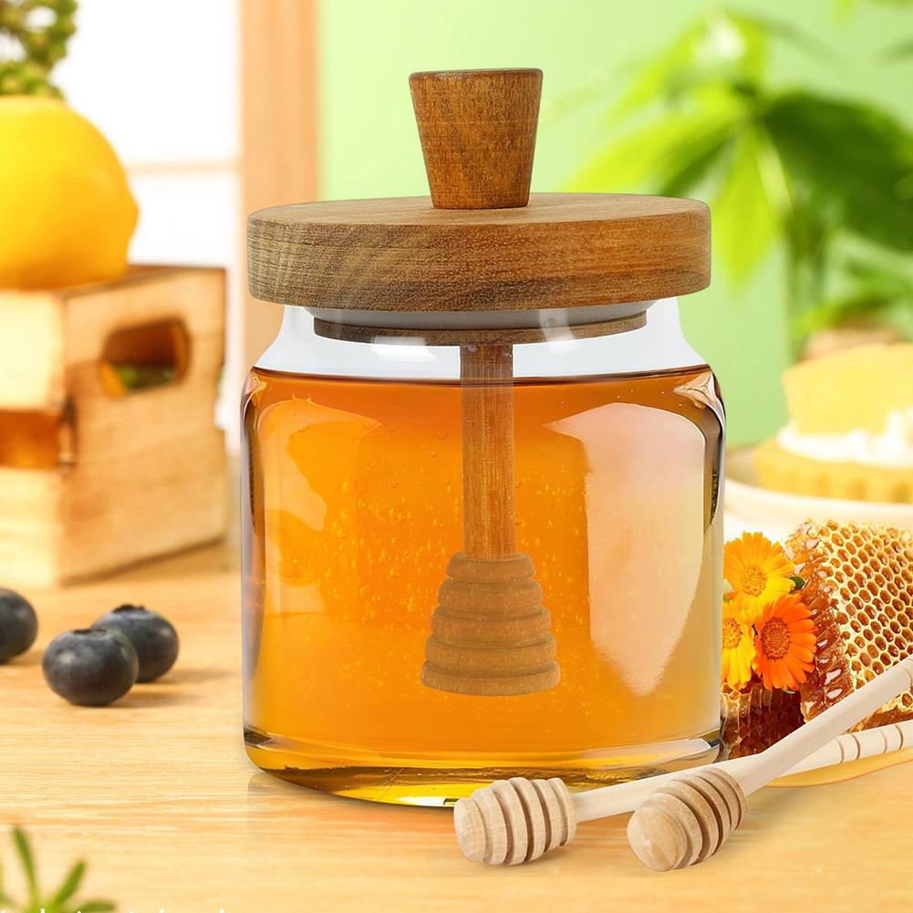 Honigglas Fortschrittliches Hochborosilikatglas Versiegelter Behälter Mischstab mit Holzdeckel Dipplöffel Transparentes Honigglas 18oz