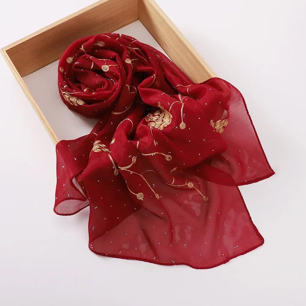 New Embroidered Diamond Chiffon Hijab Scarf Women Luxury Soft Plain Shawl For Women Muslim Hijabs For Women Turban Femme Bandana