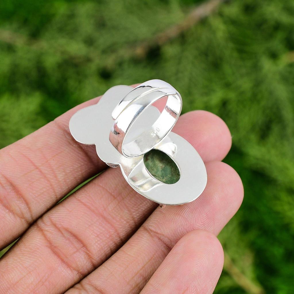Sterling Silver Natural Chrysoprase Flower Art Deco Solitaire Boho Ring Jewelry