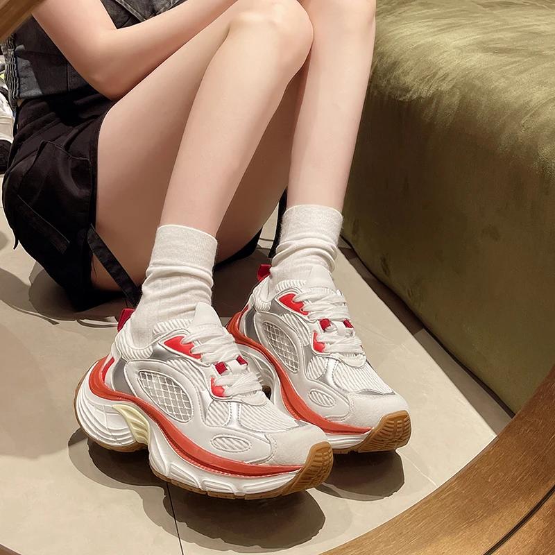 New Women's Vulcanize Shoes Outdoor Fashion Platform Flat Shoes for Women Patchwork Ladies Air Mesh Lace-up Anti-slip Sneakers