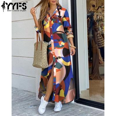 Women's Fashion Spring Autumn Colour Block Print Long Sleeve POLO Neck Loose Waistline Casual Dresses