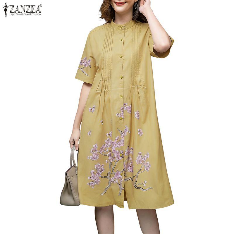 ZANZEA Women Casual Round Neck Half Sleeve Loose Floral Print Dress