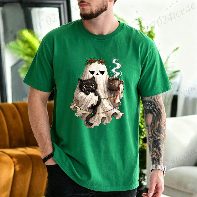 Cotton T-Shirt Spooky Christmas Tshirt Goth Black Cat Christmas Graphic Tee T‑shirt Funny Coffee Cup Tshirts Vintage Gothic Holiday Tops Gifts