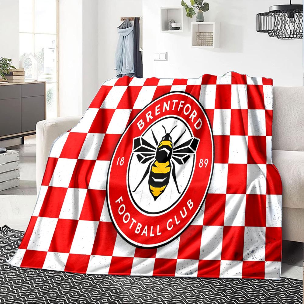 Brent-ford Football Club Crest Flannel Blanket, Soft Polyester, Modern Design, All-Season for Camping, Travel, Gifts for Holidays or Birthdays