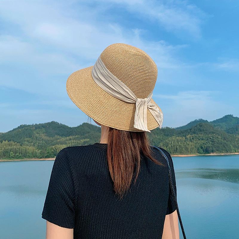 Vintage Big Eaves Hat Straw Hat Women Spring and Summer Bow Straw Bucket Hat Sunscreen Sunshade Beach Hat Sun Hat