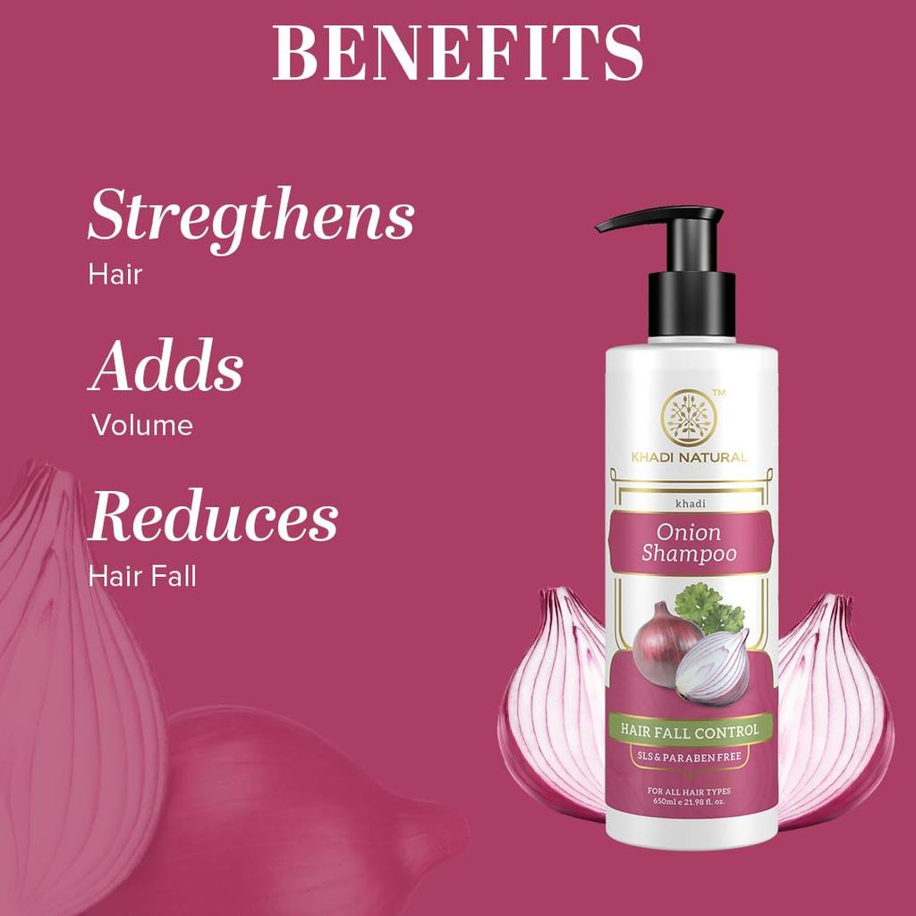 KHADI NATURAL Onion Shampoo Sulphate Paraben Free for Hair Growth, Dandruff Control, All Hair Types 650ml Pack of 2