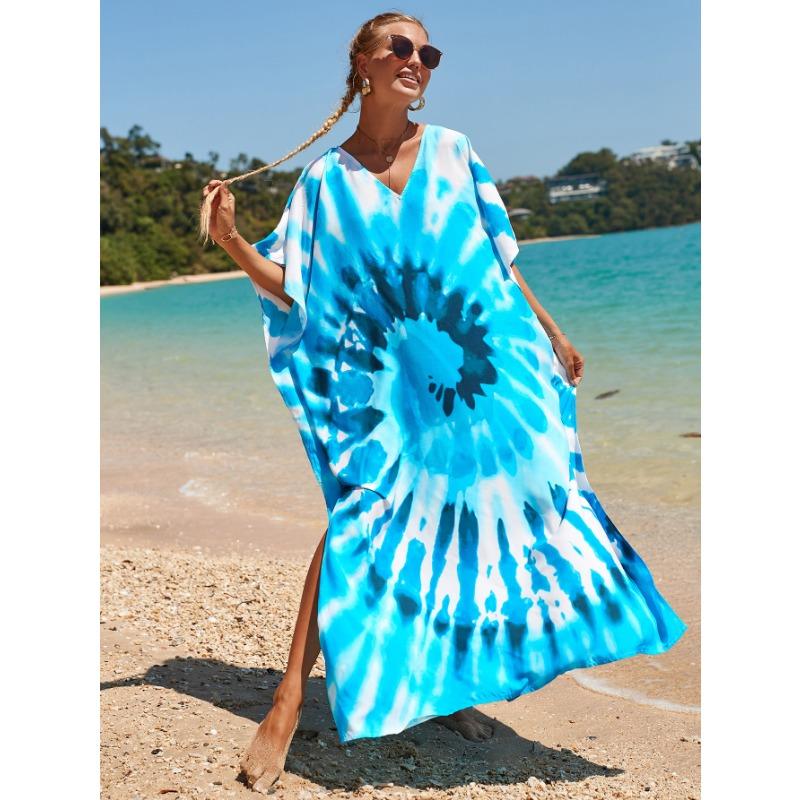 Damenmode Sommer Frühling Farbblockdruck Kurzarm V-Ausschnitt Lockere Taille Freizeitkleider