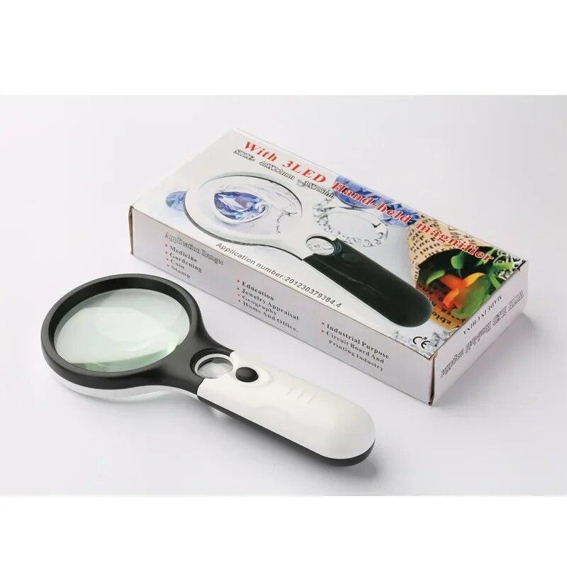 Handheld Double Lens 3x-45x Magnifier 3 Lights For Jewelry Appraisal Reading By Elderly 6902