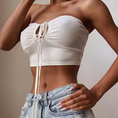 Top corto sexy con lacci e fiocco con scollo all'americana increspato Top alla moda senza maniche senza schienale Top a tubo streetwear femminileNuove donne