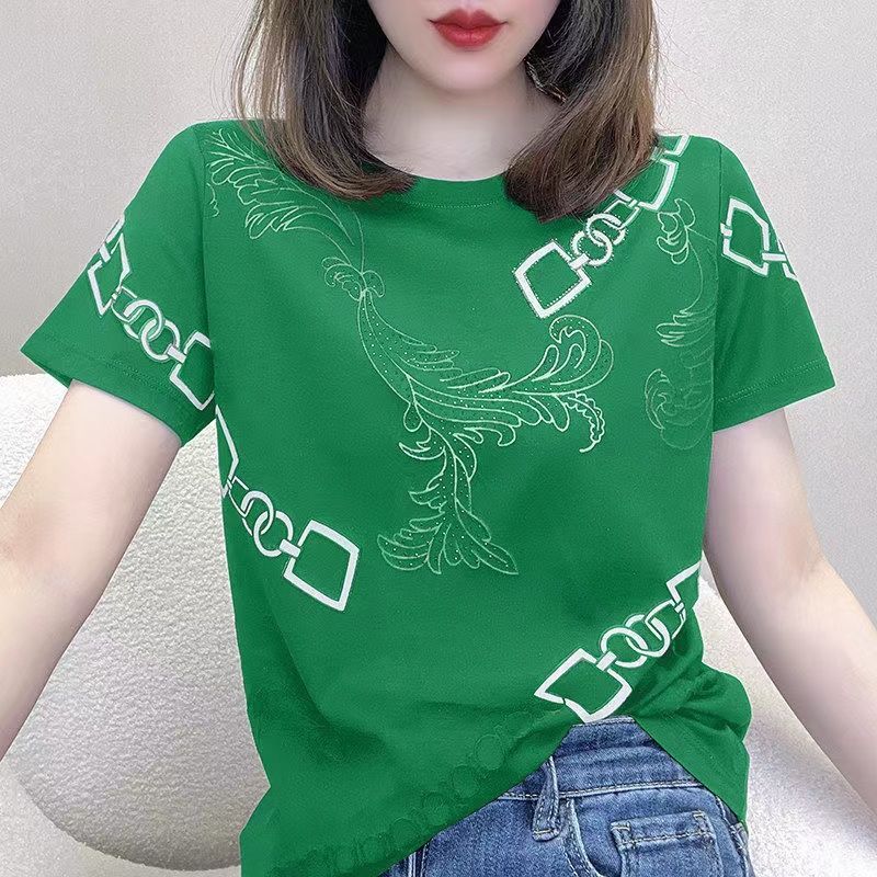 

European Station round Neck Casual Short Sleeve Women s New Embroidery Green M