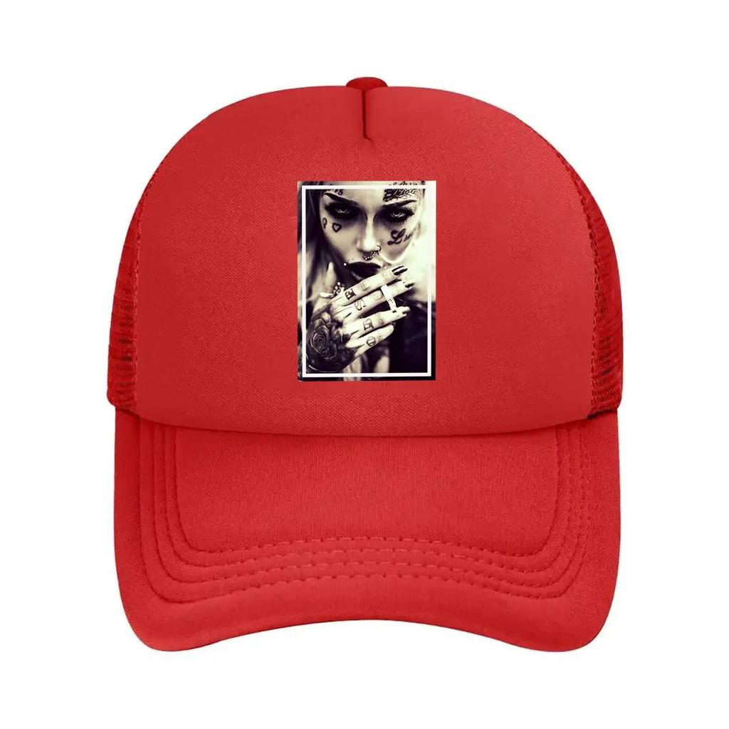 Tattooed Woman Edgy, Monochrome Portrait of Ink - Adorned Figure Mesh Baseball Cap