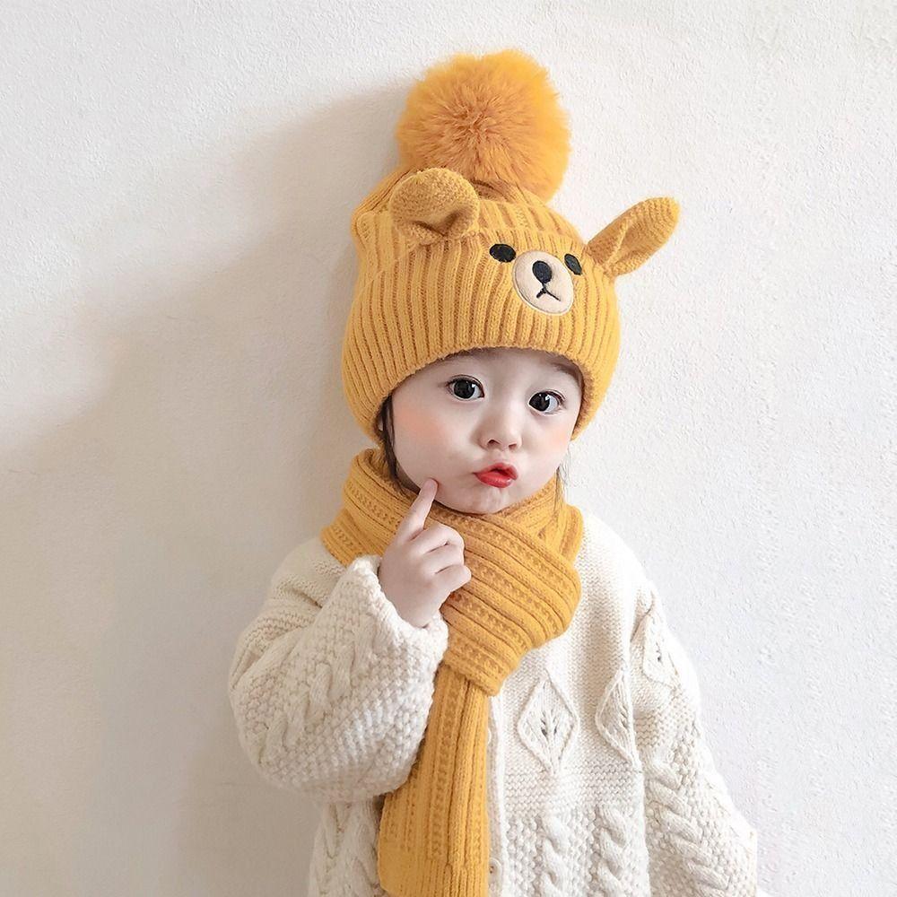 Cartoon Wool Beanie Plush Warm Knitted Cap Bear Children Scarf Hat Set  Cloth Accessories