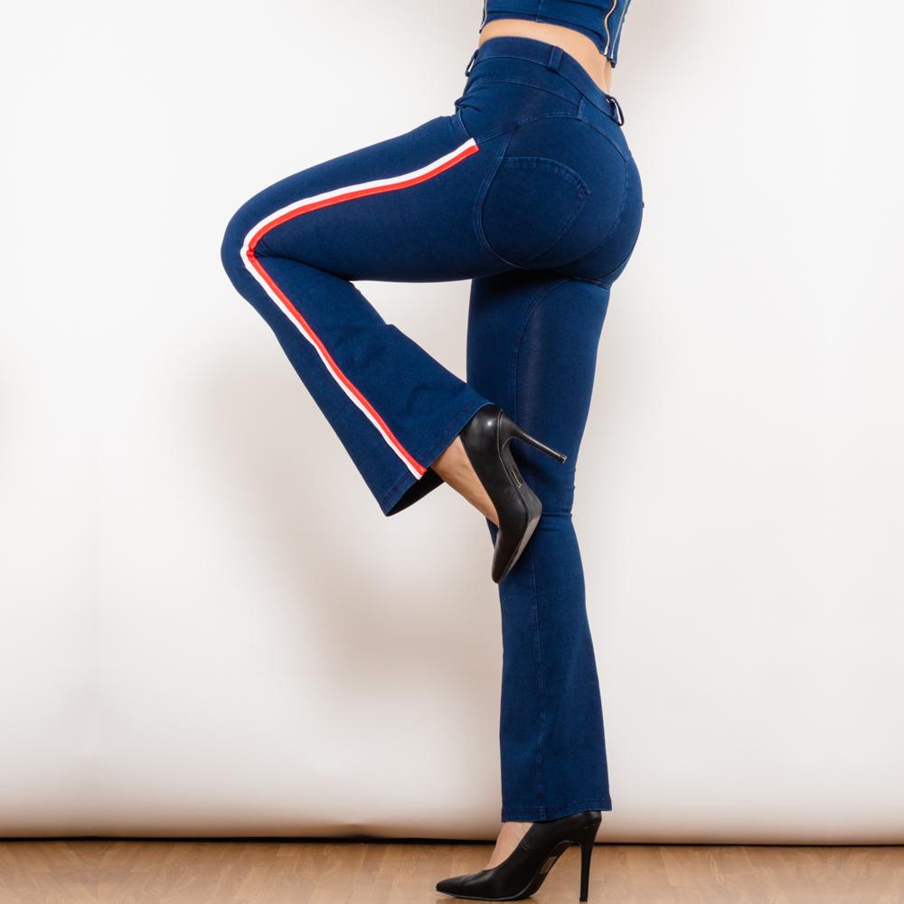Shascullfites Melody Fashion Flare Jeans White Red Side Stripe Butt Lifting Female Casual Dark Blue Denim Bell Pants Elasticity