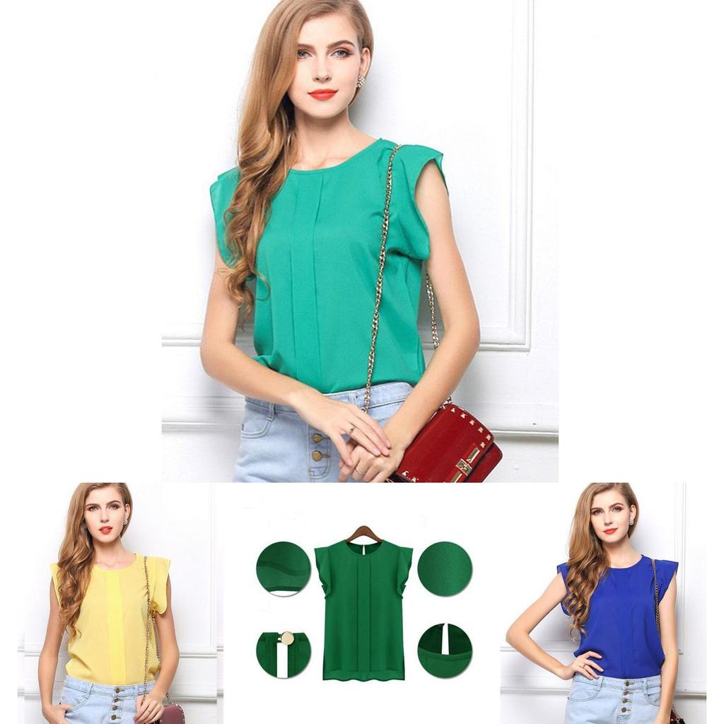 Elegant Womens Sleeveless Chiffon Tops With Timeless Design In Blue Green Red