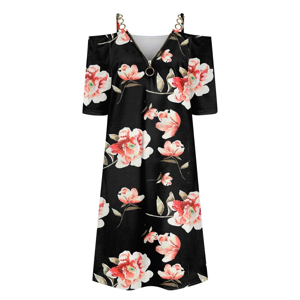 Women's V Neck Short Sleeve Printed Zip Off-shoulder Dress Casual Dress Commuting Dress
