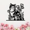Vintage Iron Cat and Tulip Garden Wall Decor Sculpture Gift