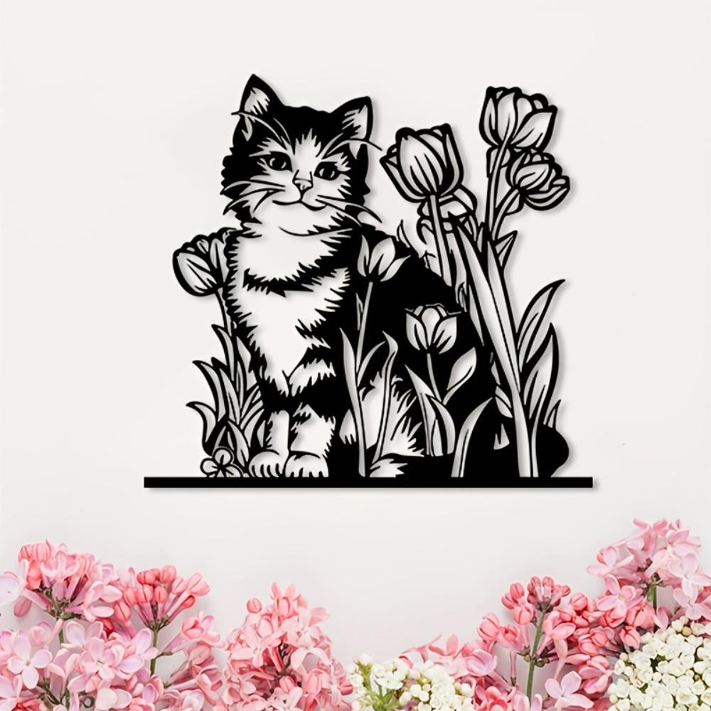 Vintage Iron Cat and Tulip Garden Wall Decor Sculpture Gift