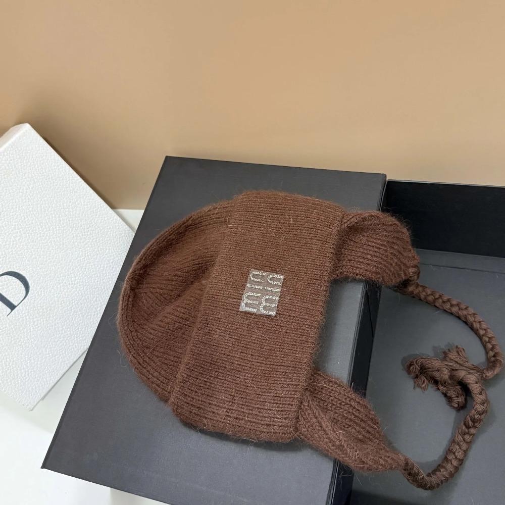 Winter Hot Diamond Rabbit Wool Knitted Warm Ear Protection Hat Outdoor Light Luxury Wool Hat Fashionable Letter Cold Hat