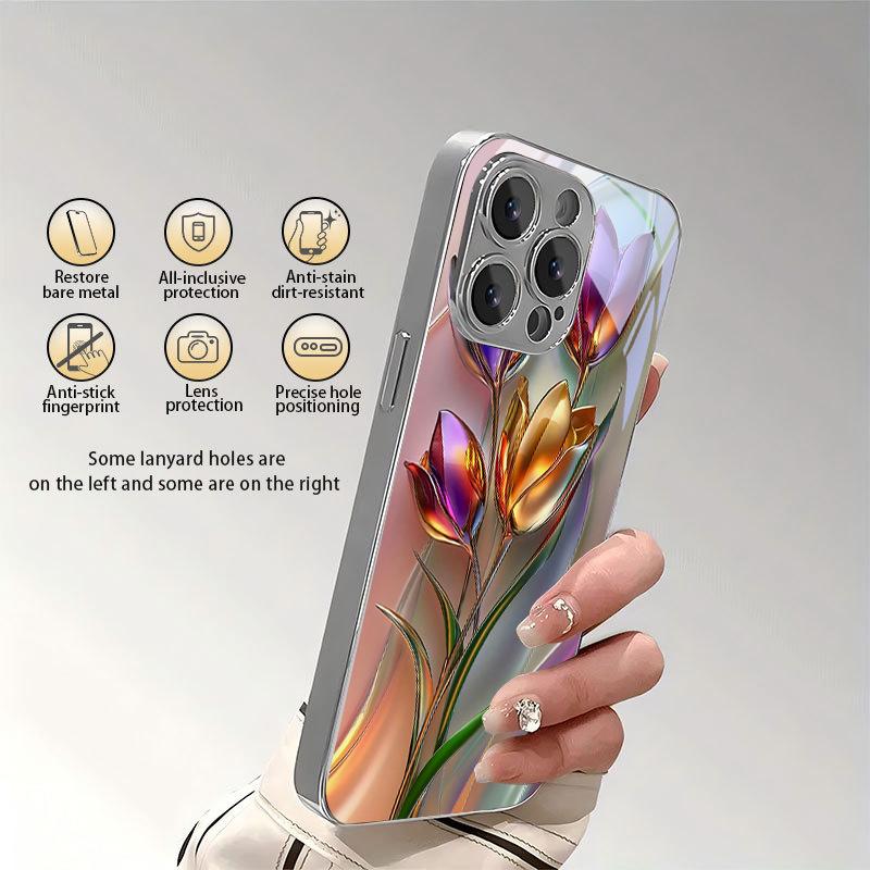 Iridescent Tulip Electroplated Silver Phone Case For iPhone 17Air 17 16 15 14 13 12 11 Pro Max Plus 16E XR 7 8 X Xs Glass Cover