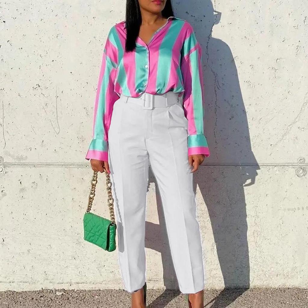 Evropské a americké dámské slim kalhoty s vysokým pasem a páskem pro volný čas - jarní módní styl 2024, k dispozici i nadměrné velikosti.