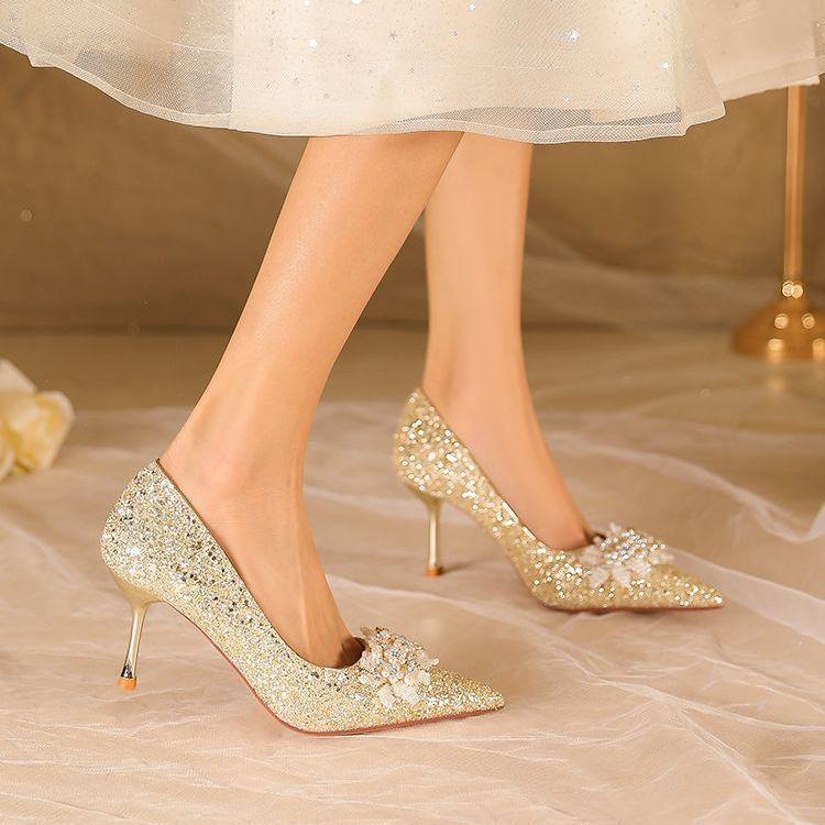 Beautiful high-end golden crystal high-heeled shoes women's 2025 new Hexiu wedding dress two wear