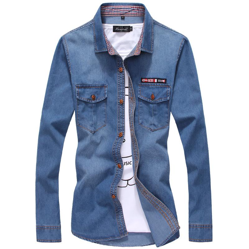 Cheap Men Blue Denim Shirts Long Sleeve Casual Jeans Shirts Good