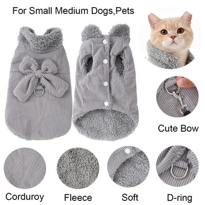 Soft Fleece Cat Clothes For Winter Corduroy Bow Pet Vest Coat For Small Medium Dogs Cats Sphynx Chihuahua Outfits With D-ring